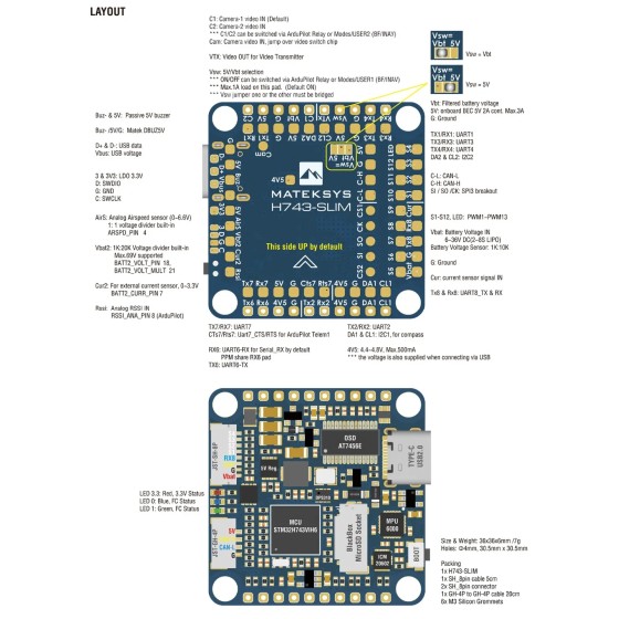 Matek H743-SLIM V3 F7 Built-in No Current Sensor Baro Blackbox OSD 2-8S